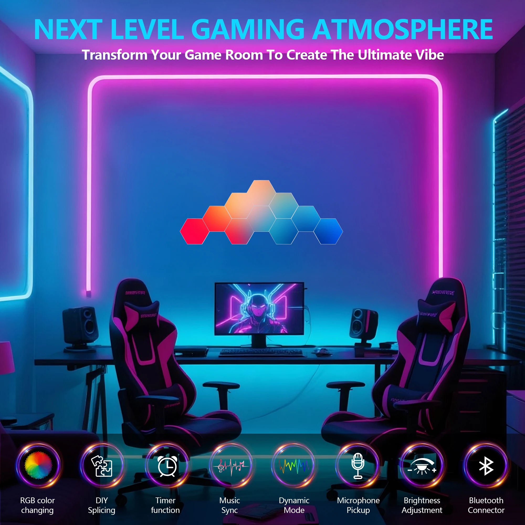 Hexagon Lights (10 Pack) LED Wall Panels, RGB Gaming Lights with APP, Hex Tiles Push Glide Expansion Shapes Light
