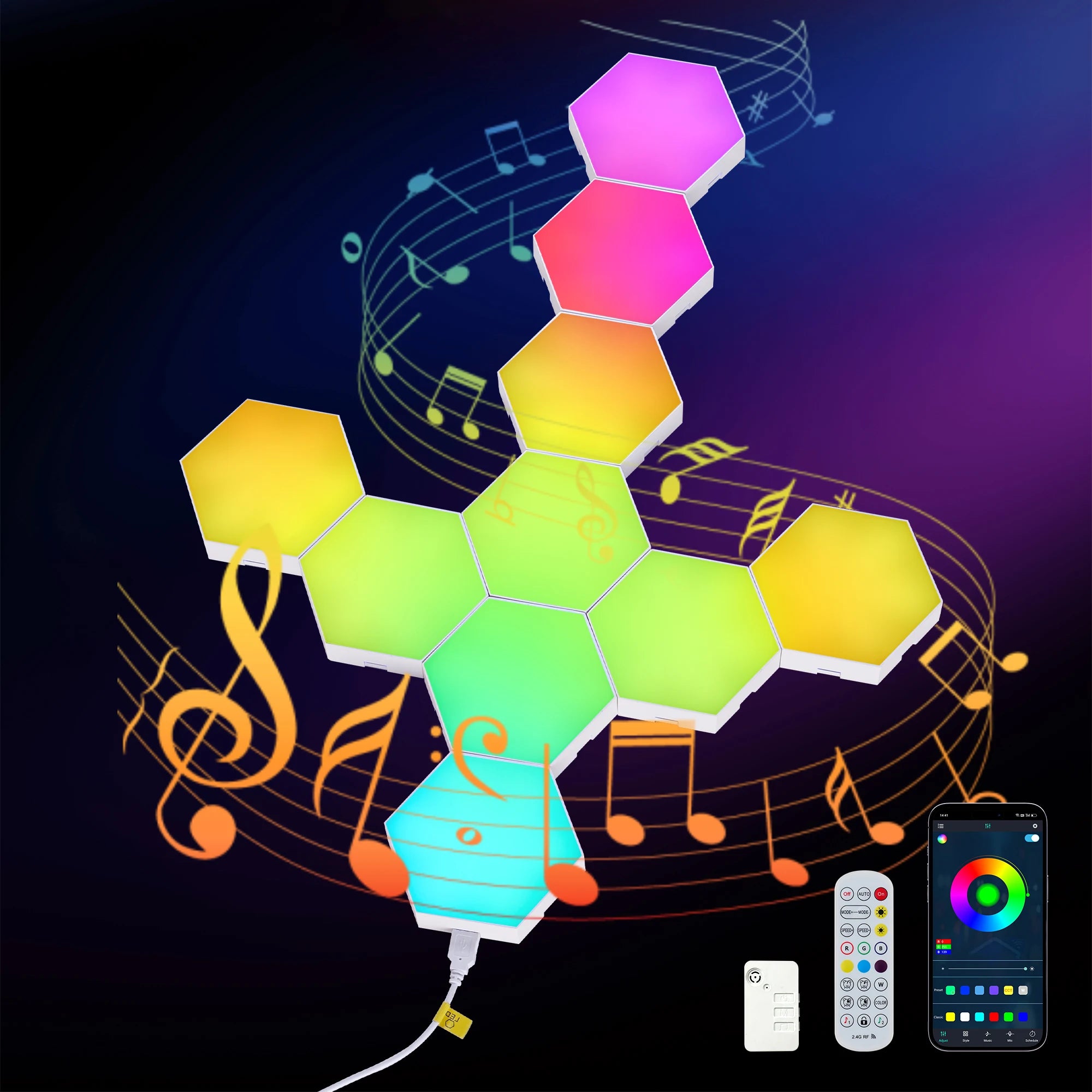 Hexagon Lights (10 Pack) LED Wall Panels, RGB Gaming Lights with APP, Hex Tiles Push Glide Expansion Shapes Light